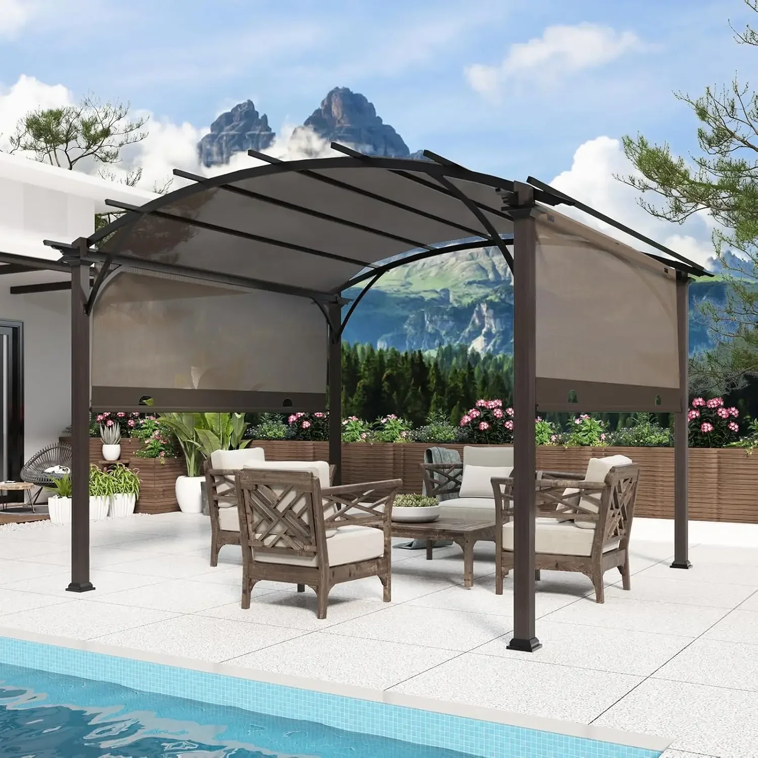 

11.4'x11.4' Arched Top Outdoor Pergola with Retractable Texilene Top, Patio Steel Frame Sun Shade Canopy for Deck,, Customized