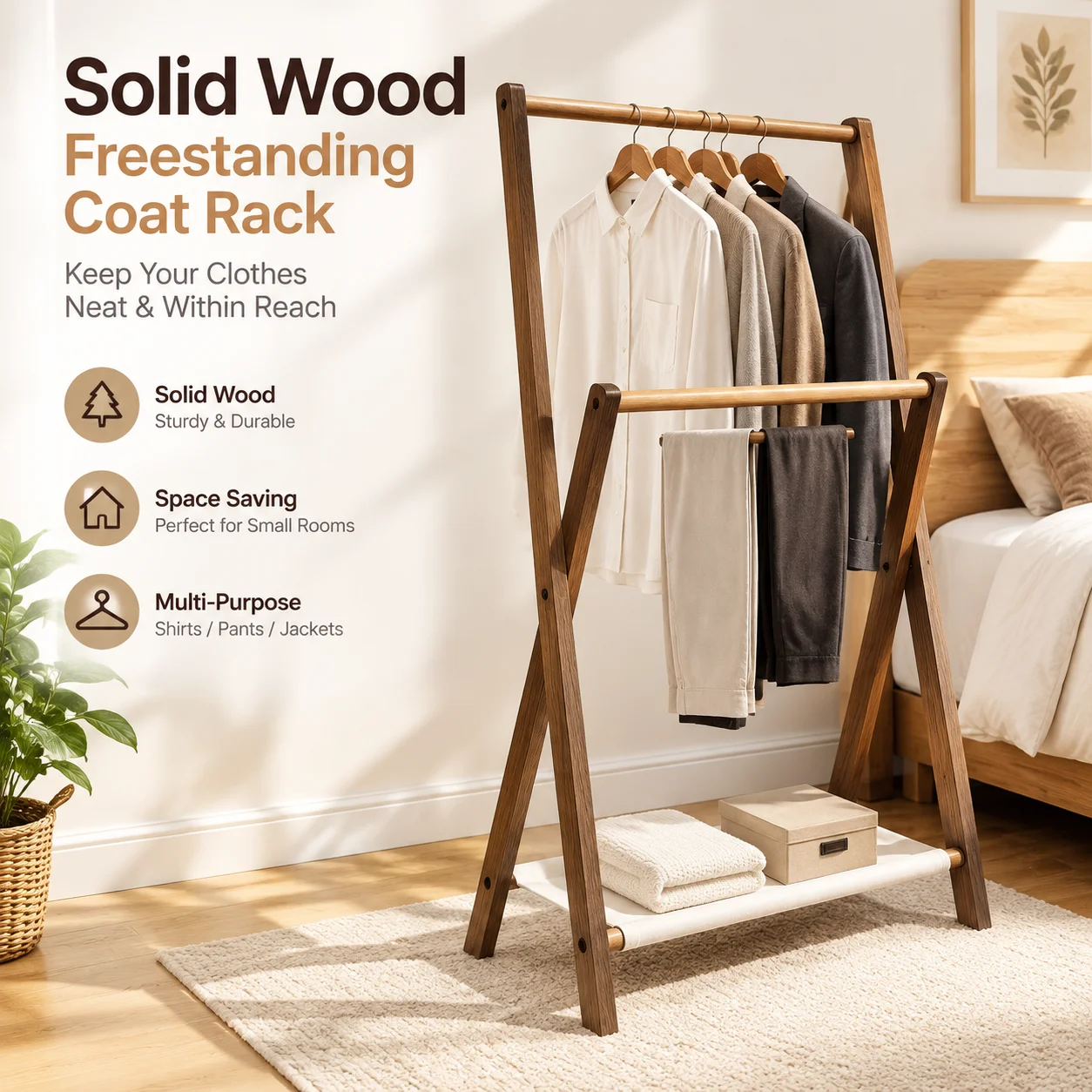 Solid Wood Freestanding Coat Rack Nordic Bedroom Night Clothes Garment Organizer for Shirts Pants Jackets