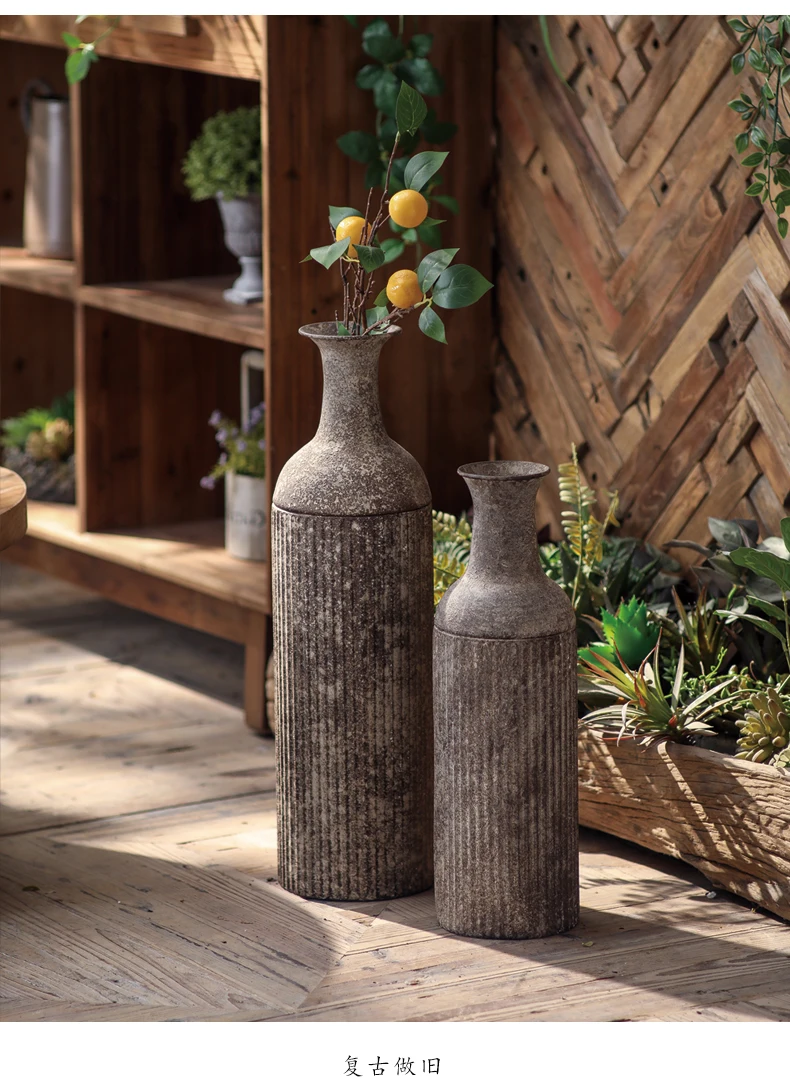 Two-Piece Set of Vintage Distressed Metal Vases with Rustic Ribbed Texture, High Floor-Standing Vases in Wabi-Sabi Style, Textured Gray Iron Vases for Entryway, Living Room, Farmhouse Home Decor