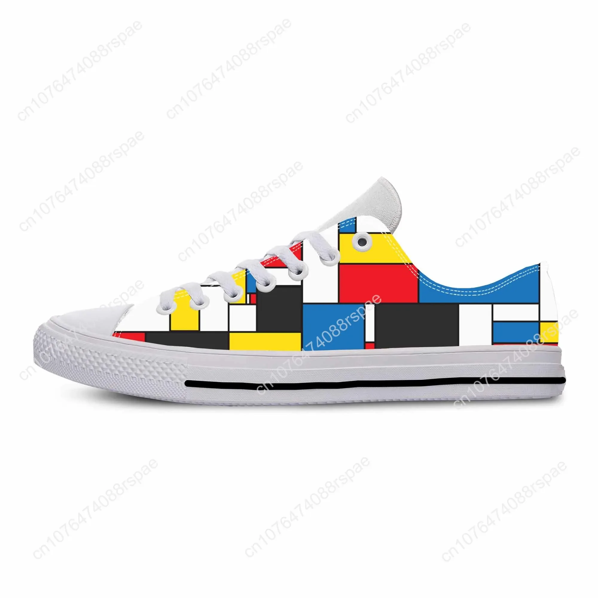 Mondrian Abstract Geometric Pattern Painting Sneakers para homens e mulheres, Low Top, Confortável, Respirável, Impressão 3D, Sapatos de pano casuais