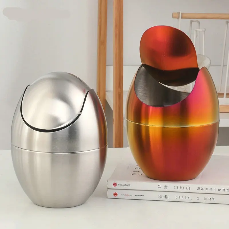 

New 304 stainless steel trash can, small colorful egg shaped rocking lid desktop mini paper basket BB530TL