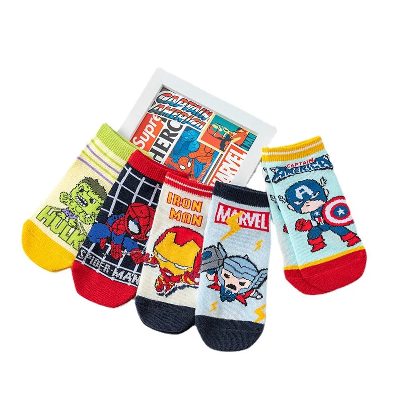 5 Pairs Spiderman Cotton Children\'s Socks iron Man Hulk Thor Anime kids Boys Short Socks Cartoon Baby Spring Summer Sock 1-12 Y