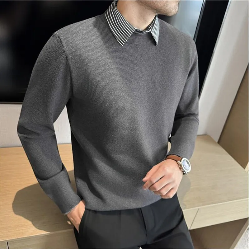 

Осень-зима, новый искусственный вязаный свитер из 2 предметов, модный полосатый воротник рубашки, облегающий эластичный утолщенный теплый мужской свитер