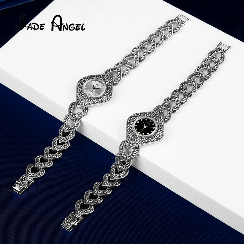 Jade Angel 925 Sterling Silver Marcasite Quartz Wristwatch Vintage Diamond-shaped Dial Watch Bracelet with 13mm Watch Strap