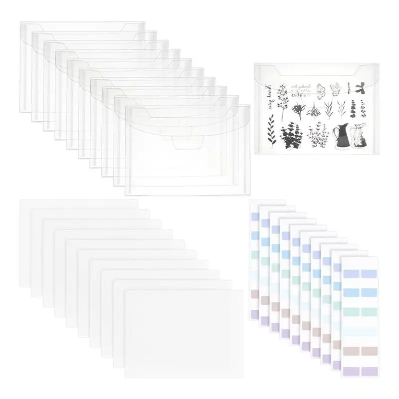 J1UL1N 20Sets Clear Stamps Storage Bags With Panels Cutting Die Stencil Organizer Holder Stamp Storage Pocket For Scrapbooking