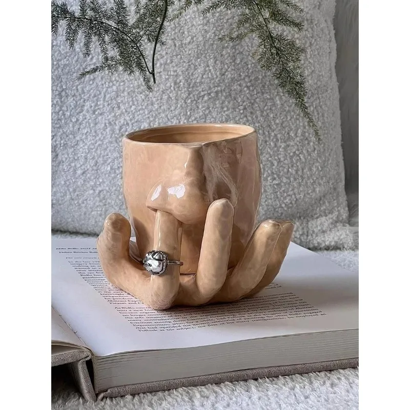 Creative Mugs Coffee Cups Set Ceramic Hand Rings Tray Makeup Brush Organizer Pen Holder Funny Cup Jewelry Display Desktop Decor