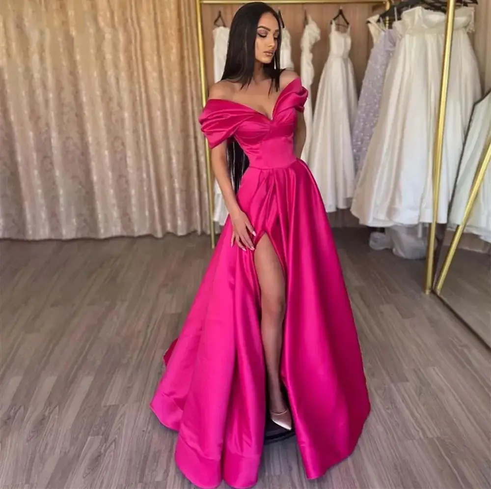 

Pink Off the Shoulder Evening Dresses 2025 Satin Sweetheart Back Criss-Cross A-Line Floor-Length Wedding Party Dress Customized