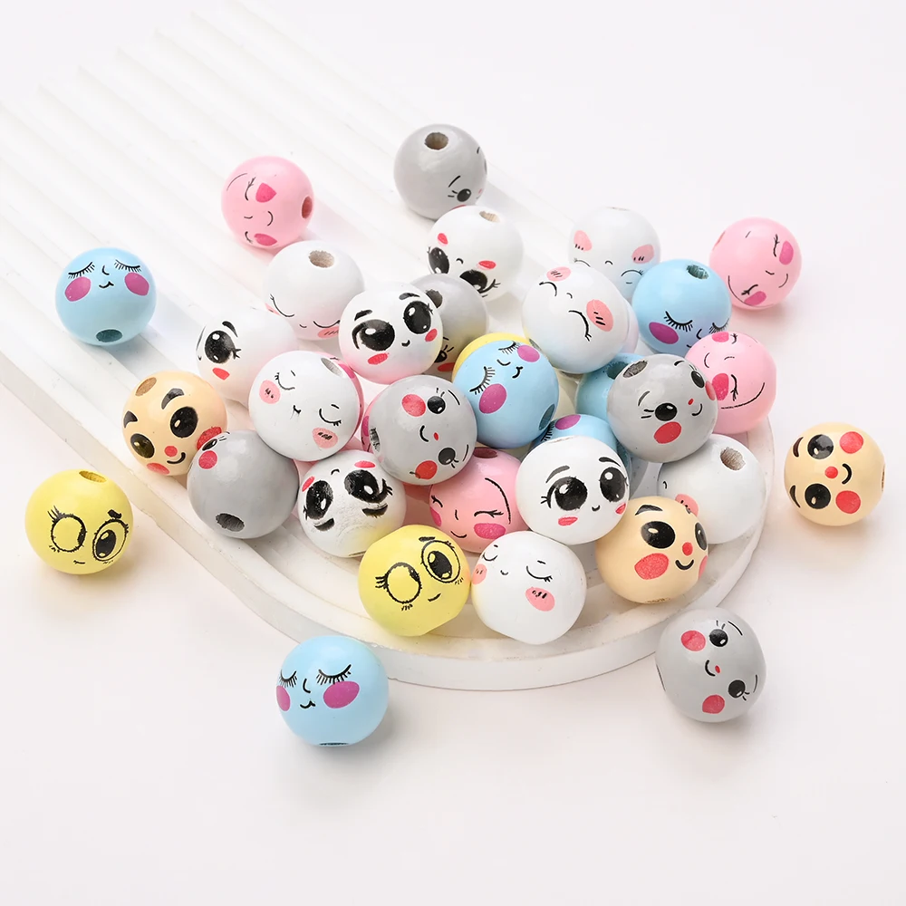 20Pcs Wooden Beads Printed Mixed Focus Bead For Baby Food Grade Pacifier Chain Making Jewelry Necklace