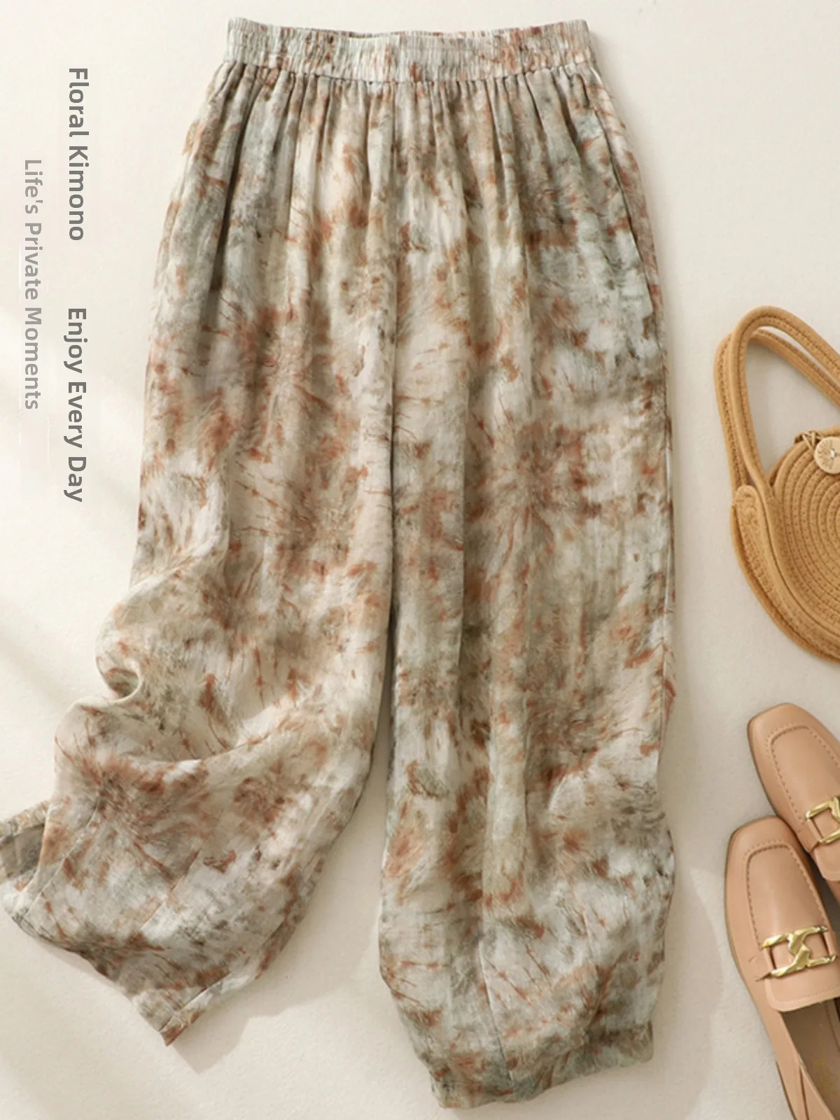 

Slimming Wide Leg Pants Women's Drapey Cotton Linen Print Thin Nine Points Pants Commute Sle Loose Fit ket Detail