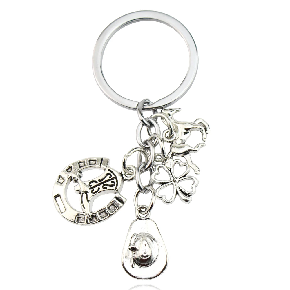 Clover Boot Charms Key Chain Cowboy Hat Keyring With Horse Pendant Fashion Stainless Steel Jewelry for Women Gifts