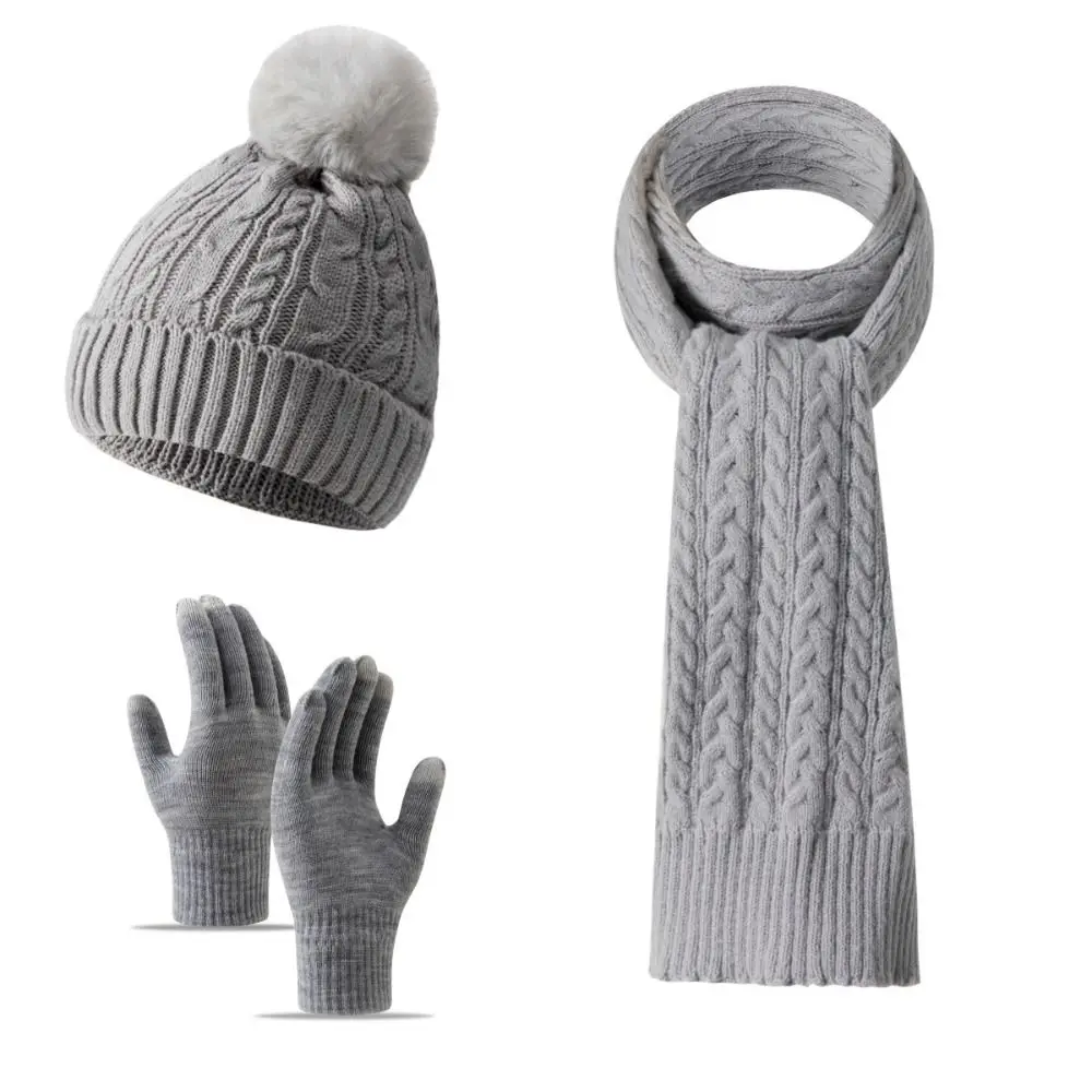 3Pcs/Set Warm Winter Hat Scarf Gloves Set Thicken Windproof Scarf Neck Warmer Suit Knitted Elastic Touchscreen Gloves Unisex