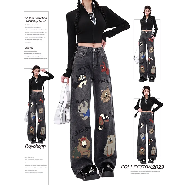 

Harajuku Streetwear Y2K Retro Fashion Women High Waist Jeans Cute Animals Wide Leg Straight Loose Denim Trousers Y2K Baggy Pants