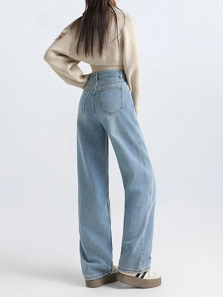 plus Size Fce Lined Straight Leg Jeans Women's Thiened Retro American Sle Loose Fit Wide Leg Pants Autumn Winter New A...