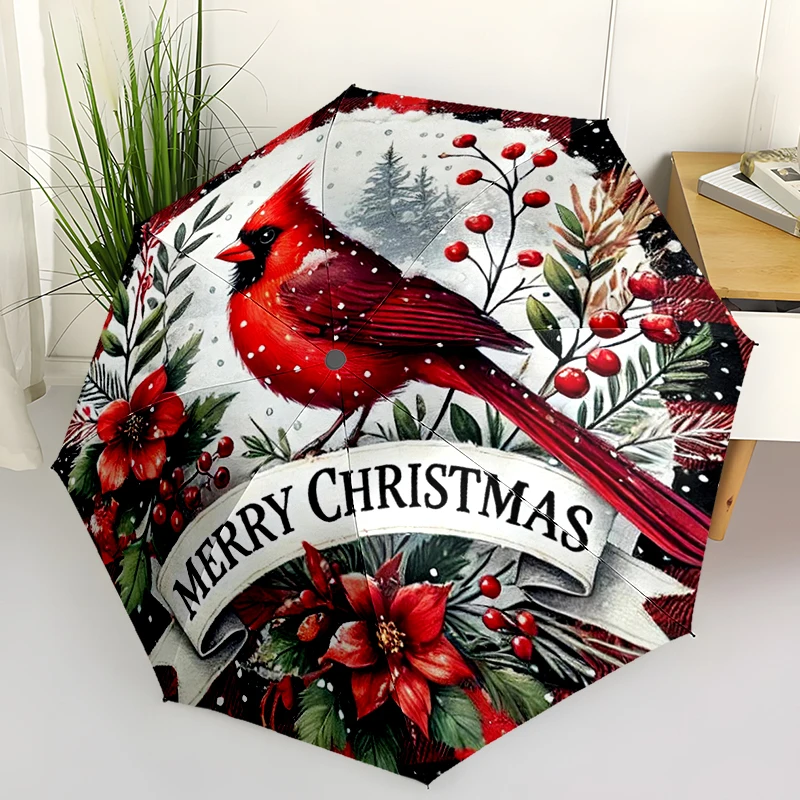 Christmas Cardinal Folding Umbrella Fashion Auto-Open Design 8 Iron Ribs Plastic Handle Foldable Sunshade Perfec Christmas Gift