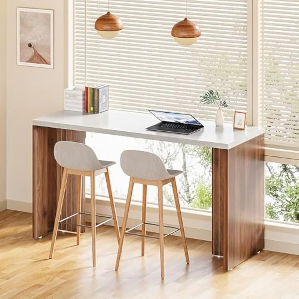 Home Bar Table, 55-Inch Long Counter Height Pub Table with a Faux Marble Finished Tabletop, Narrow Rectangular Indoor Bar Unit