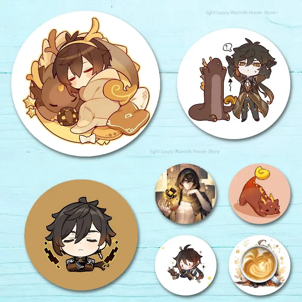 

Zhongli G-Genshin Impact Heat Resistant Round Wooden Coasters Non-slip Drink Cafe Decoration 2D Flat Color Print Coasters