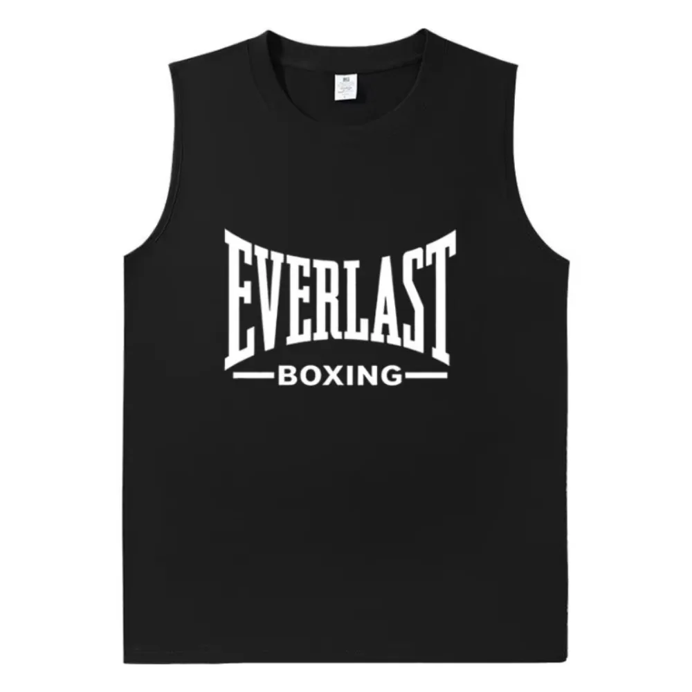 EVERLAST Boxing Logo Graphic Vest Men Black Crew Neck Vest Sports Training Top Letter Printed Summer Cotton T-shirt