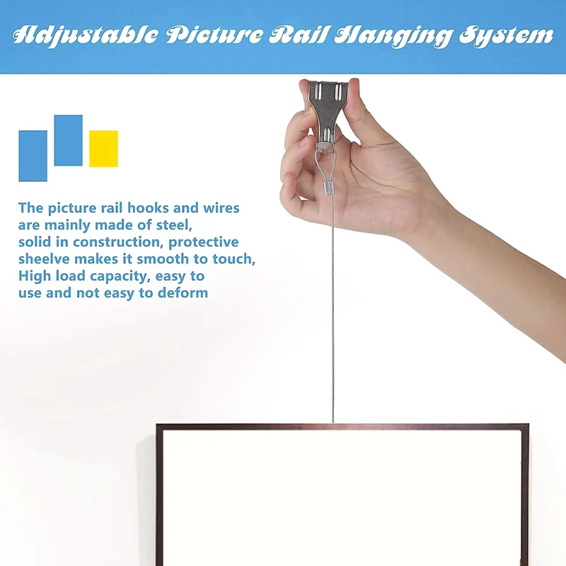 Sturdy Picture Rail Hanging System 88 Lb (40 Kg) Max Load Capacity Adjustable Wire Hooks Kit 3Ft Length Cable With Loop