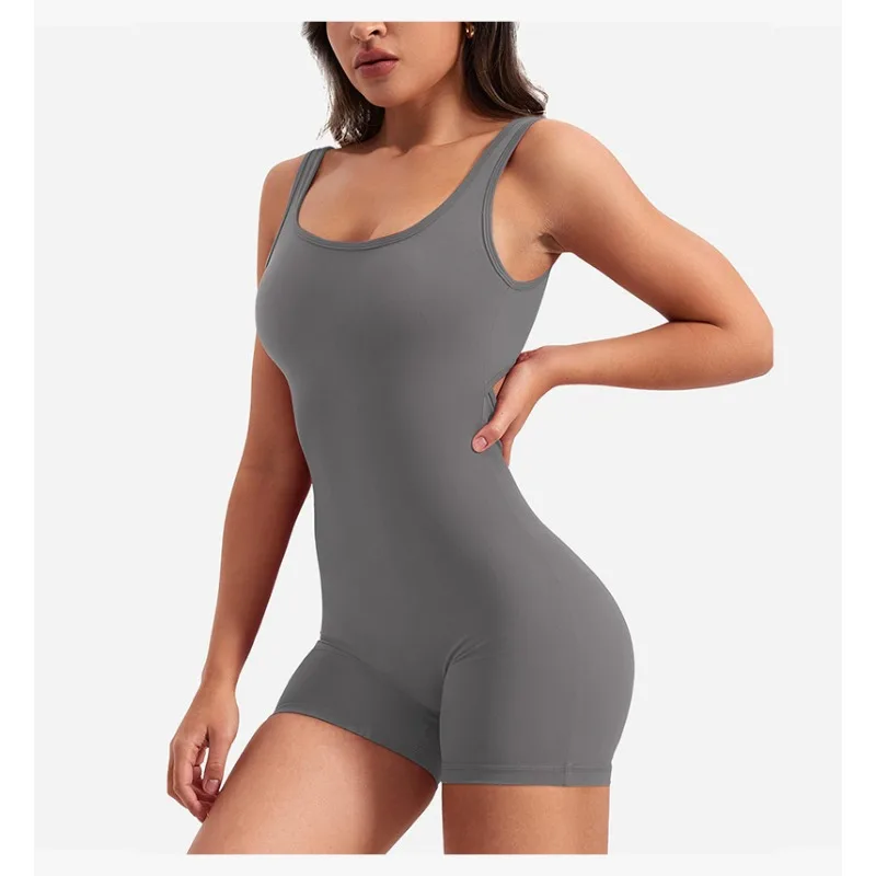 Women Sexy Hollow Out Bodysuit Seamless Square Neck Backless Bodysuit Fitness Yoga Trainning High Elastic Sports Short Bodysuit