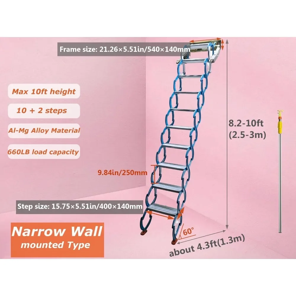 Attic Ladder Loft Stairs 12 Loft Steps Ladder Folding Staircase Foldable Attic Stairs Pull Down with Aluminum Alloy