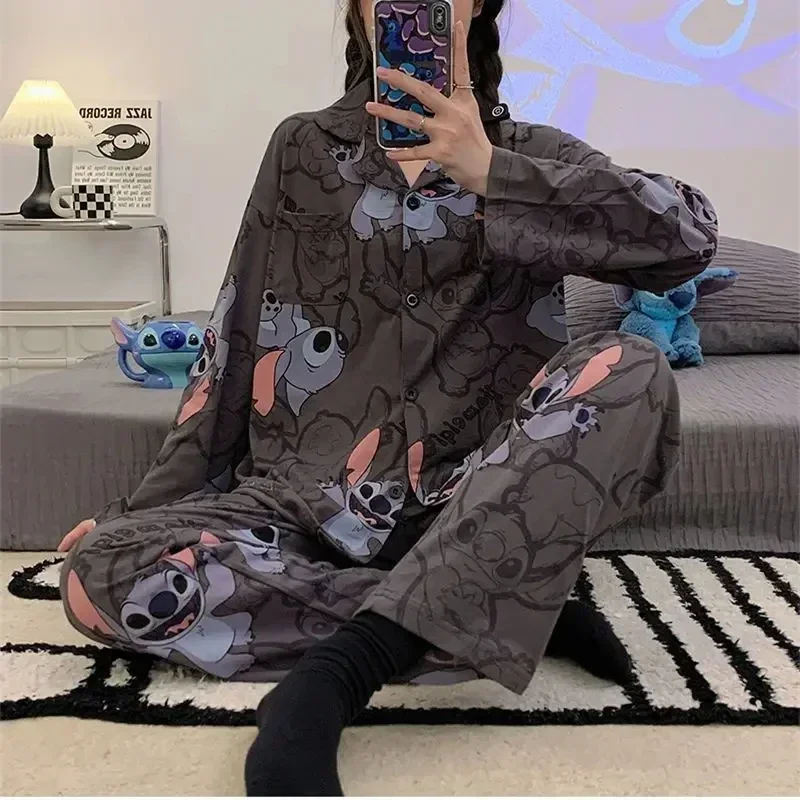 Kawaii Stitch Pajamas Anime Cute Girl Thin Pajamas Pajama Pants Two Piece Set Cartoon Sweet Printing Long Sleeves Tracksuit New