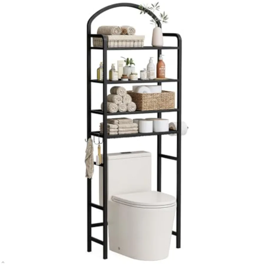

4-ярусная полка для хранения над унитазом, органайзер для ванной комнаты, экономящий место, с 4 крючками и держателем для бумаги, металлическая.