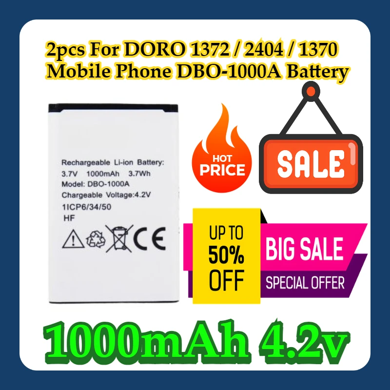 

2pcs For DORO 1372 / 2404 / 1370 Mobile Phone 1000mAh DBO-1000A Battery