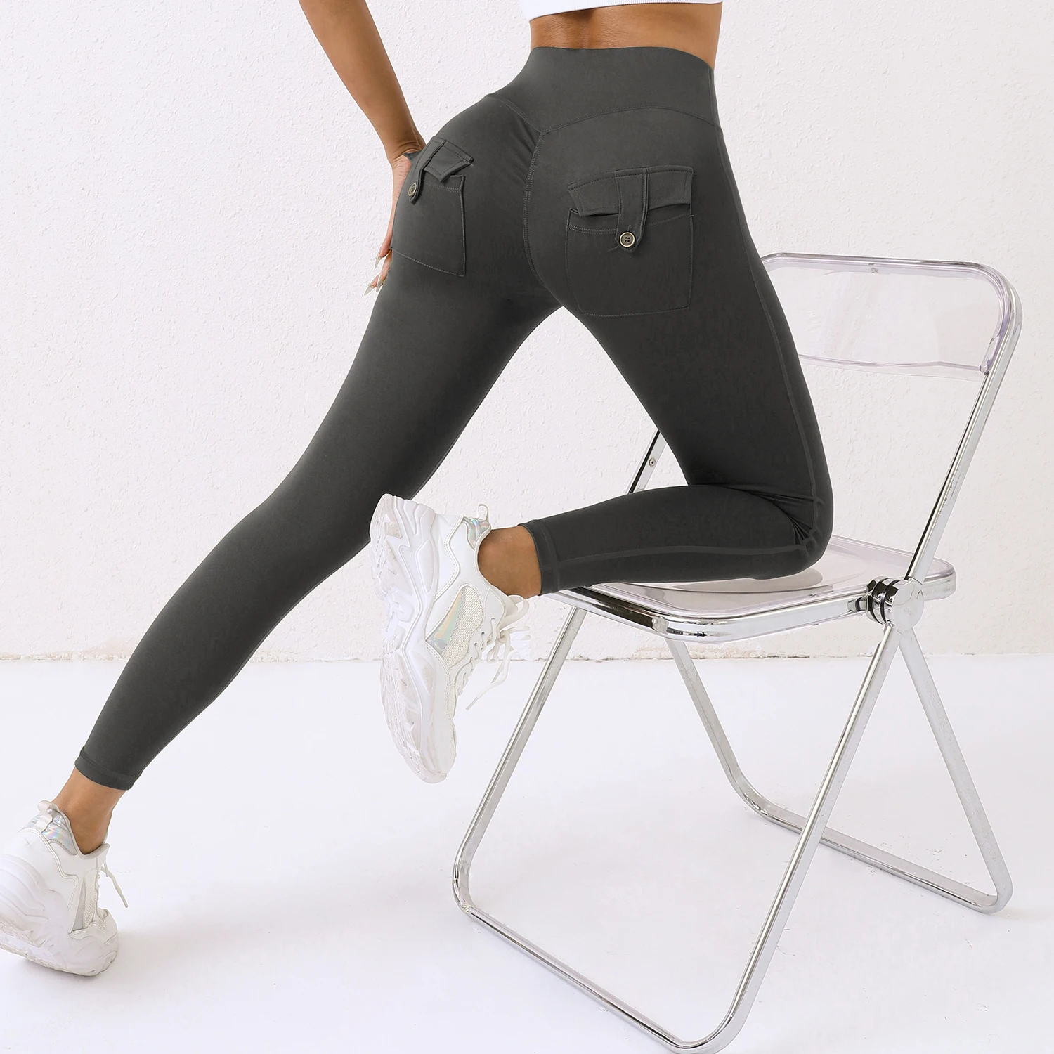 CHRLEISURE Back Double Pocket Yoga Pants Sexy Hip Lift Sports Legging High Waist Ruched Tights Casual Slim Legging Activewear