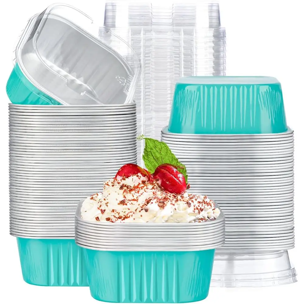 

Disposable 10oz Aluminum Foil Ramekins, 100 Pack Muffin Cups with Lids, Square Cupcake Pans for Baking and Party Favors