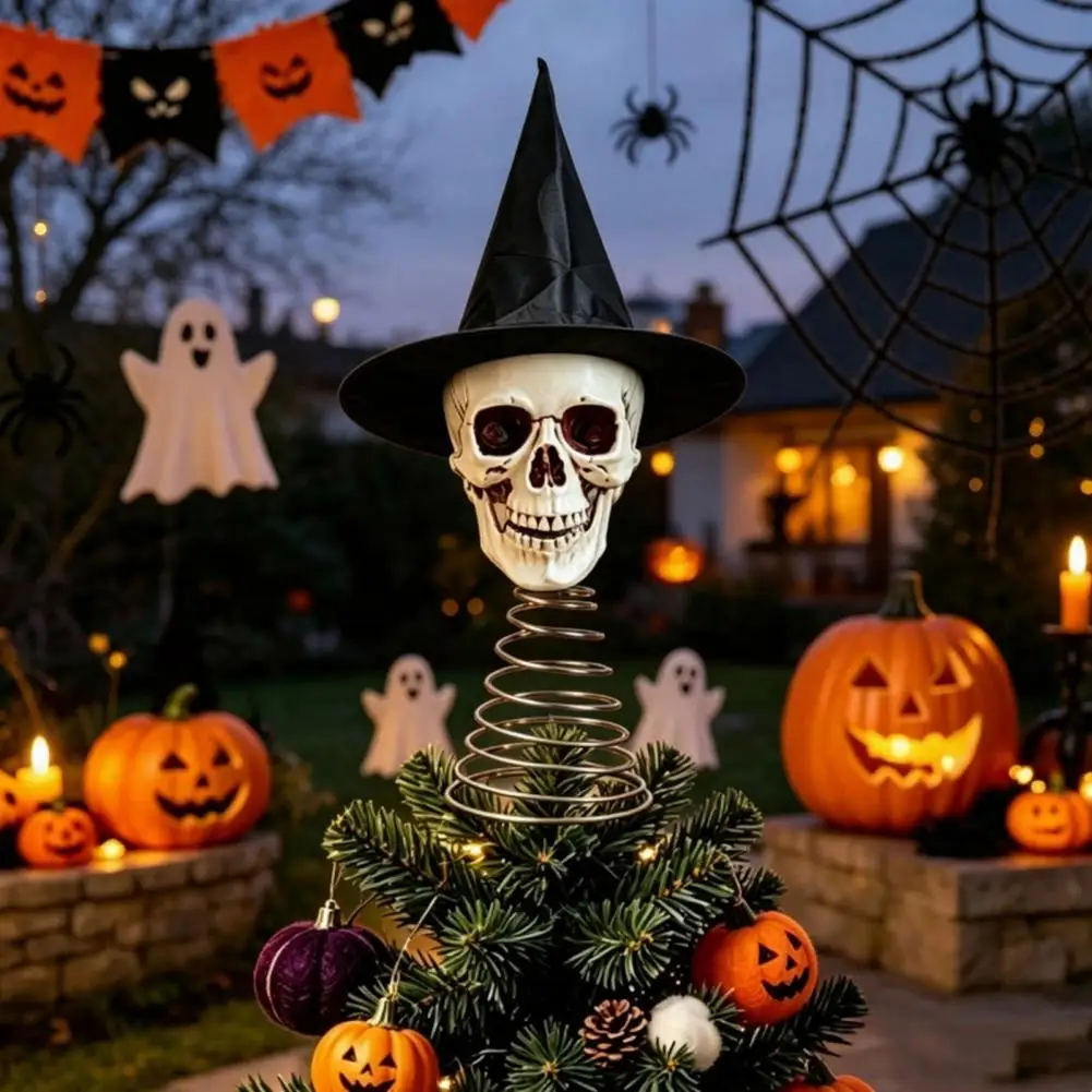 Theme Party Supplies Halloween Witch Hat Skull Tree Topper Skeleton Figurine Party Decor Spooky Festive Home Ornament Trick