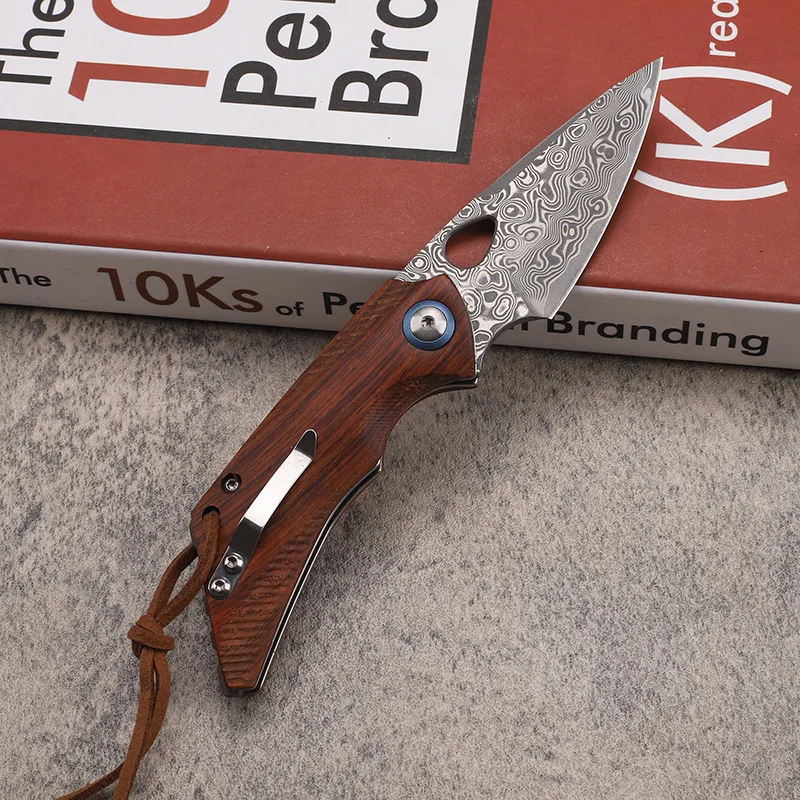 Vg10 Damascus steel Red Rosewood folding outdoor knife mini portable self-defense knife folding knife pocket fruit knife