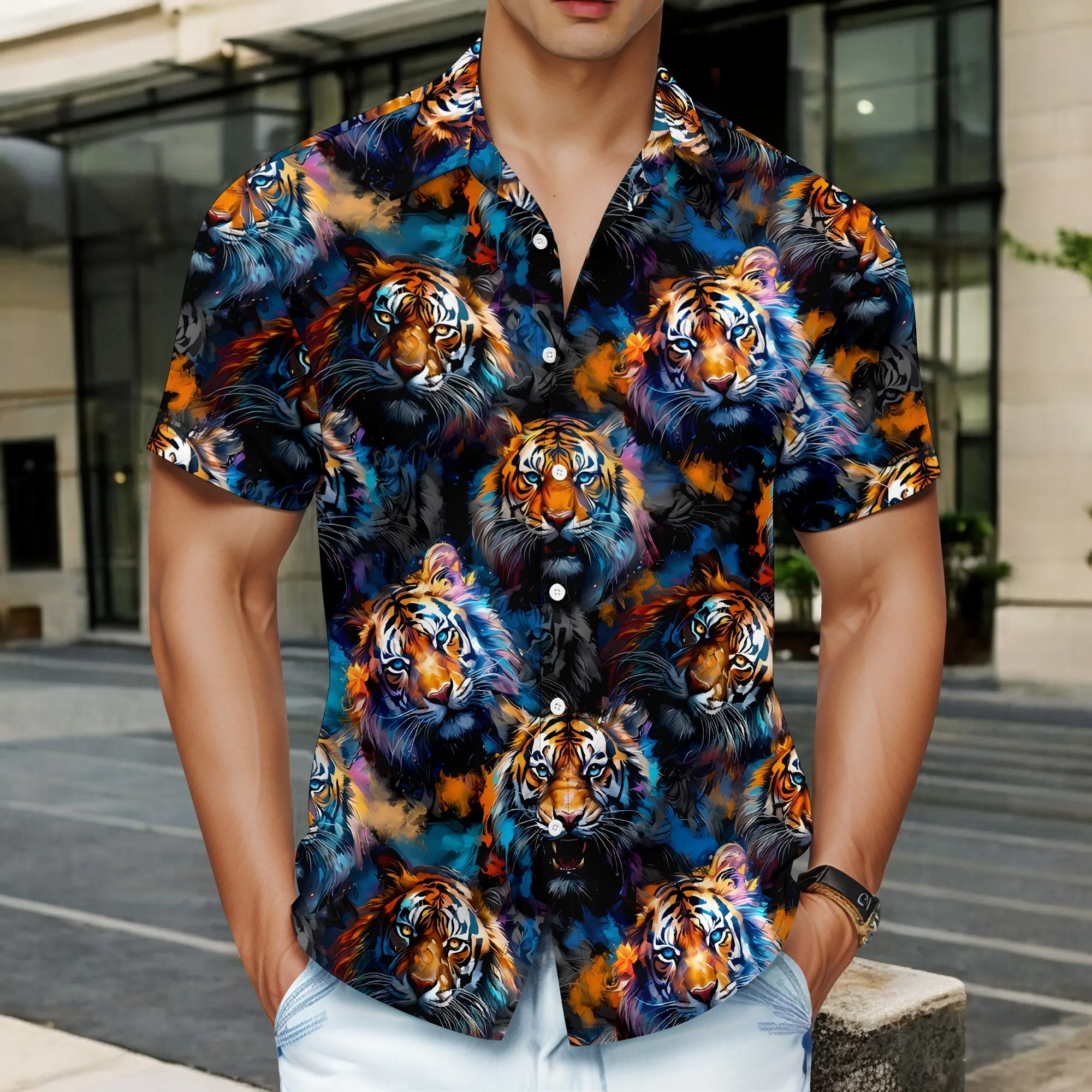 

YEAE Colorful Tiger Head Print Shirt for Men Summer Casual Short Sleeve Top