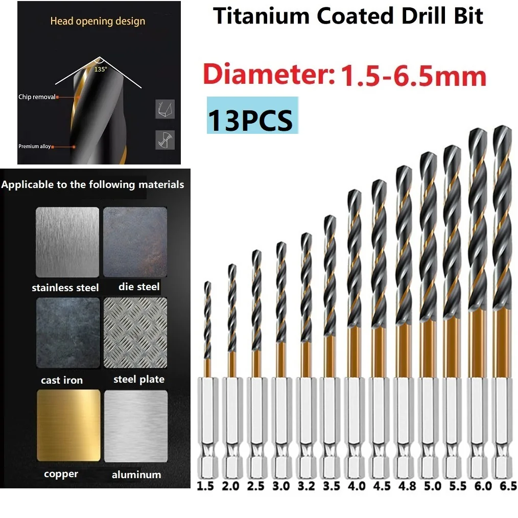 

Drills Drill Bit Part Replacement Tool High Speed Steel 1.5-6.5mm 1/4 Hex Shank 13pcs 6.35mm Shank Adapter New