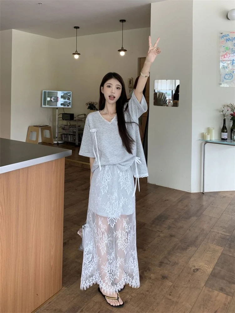 

Women's Casual Versatile Loose Bow V Neck Short Sleeve Top Lace Patchwork Midi Skirt Two Piece Set Fashionable Outfit