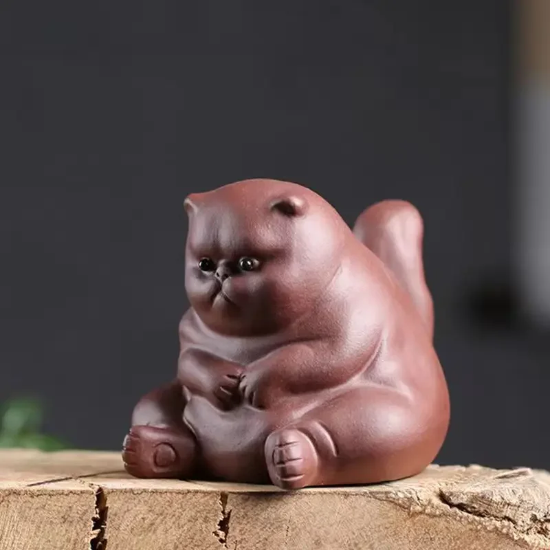 Dark-red Enameled Cute Little Angry Cat Tea Pet Ceramic Animal Crafts Tea Ceremony Accessories Household Ornament Car Decoration