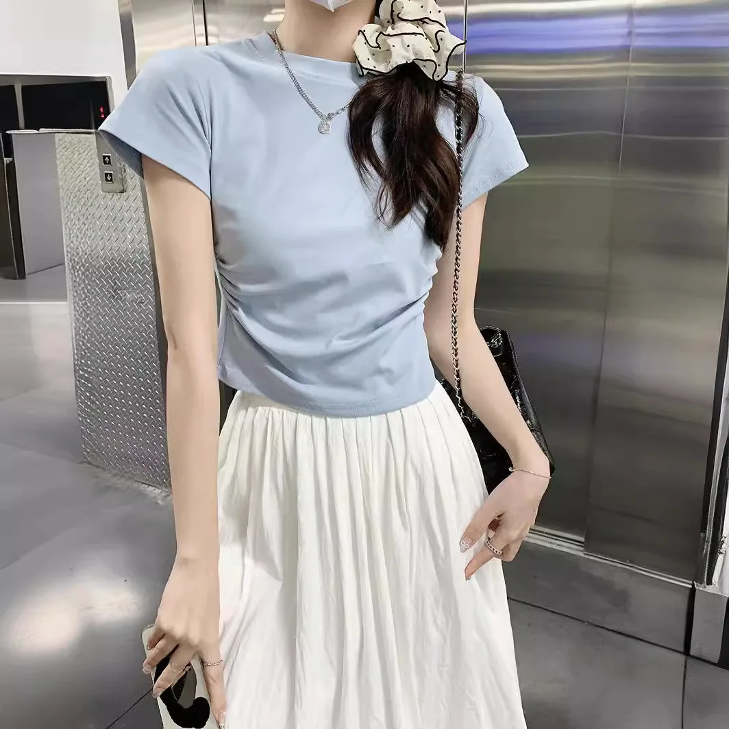 

American Style Short Sleeve Slim Fit T-Shirt Women's Spring Summer Casual Cotton Pure Color Base Layer Shirt Fashionable