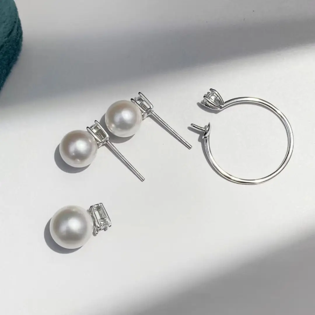 S925 Sterling Silver Pendant Earrings Ring Mountings Findings Base Jewelry Set Mounts Settings Parts for 8-9mm Pearls Beads