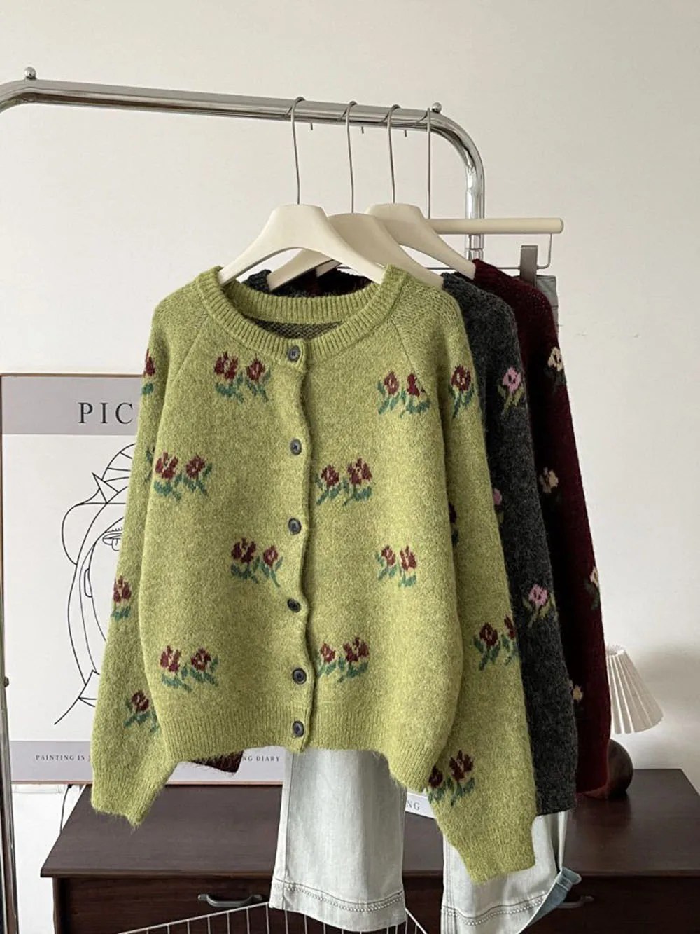 New Bow Beige Round Neck Knit Cardigan Soft Pullover Sweater Button‑Up Loose Fit Long Sleeve Top Casual Sweater Outerwea