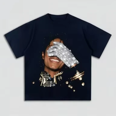 MJ Michael Jackson Men Women Retro Pop Portrait Graphic Tee,  Rhinestone Glove Print Oversized Cotton Blend Streetwear T-Shirt