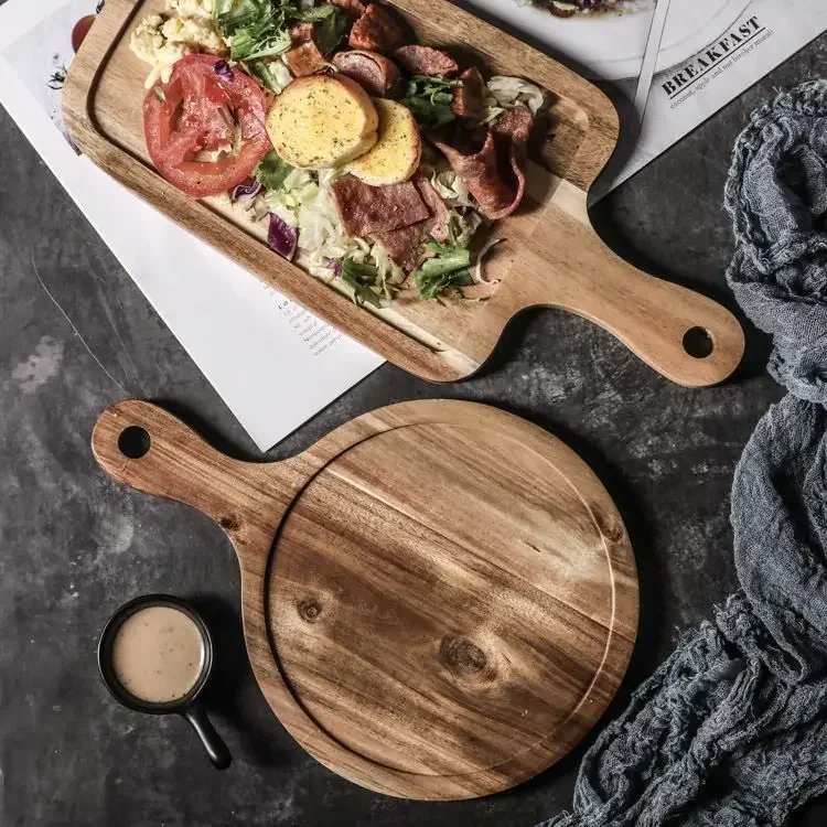 Prato de bife de madeira para uso doméstico, prato de madeira japonês, retangular, comida ocidental, café da manhã, talheres, pizza, bandeja de madeira