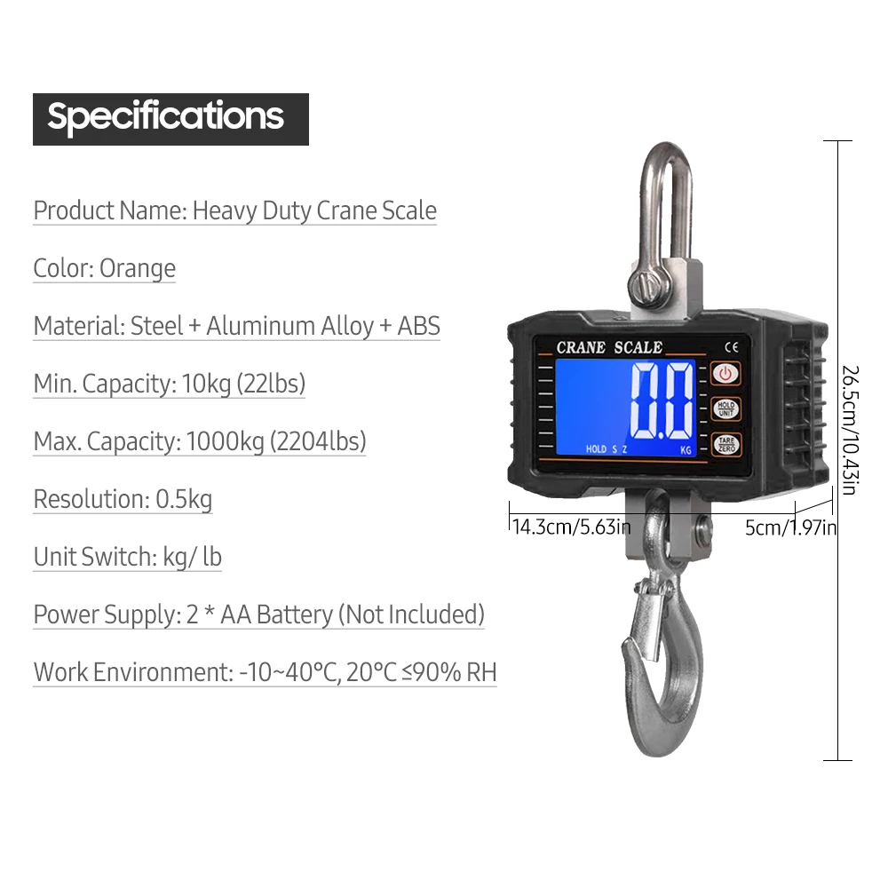 1000kg/ 2204lbs Digital Hanging Scale  Heavy Duty Crane Scale LCD Backlight Industrial Hook Scales for Construction Site Fishing