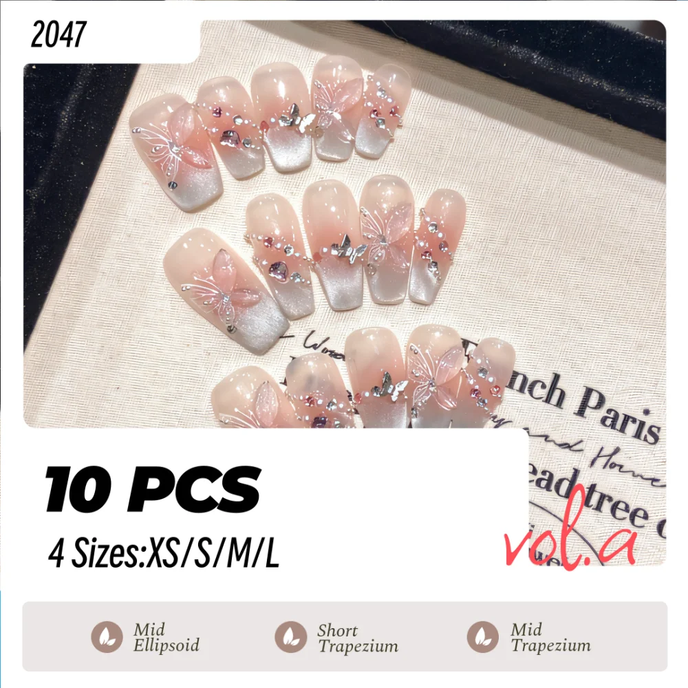 10Pcs French Handmade Blush Press On Nails Flash Crystal Butterfly Fake Nails Dating Mid Long Trapezium Ellipsoid False Nails