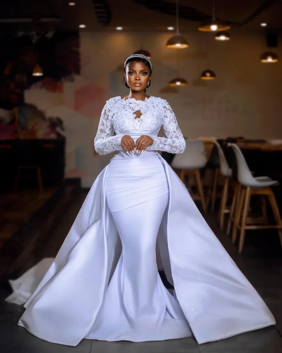 Customized Modest Lace Appliques Wedding Dress with Removable Skirt Robe De Mariée Illusion Long Sleeves Elegant  Bridal Gown