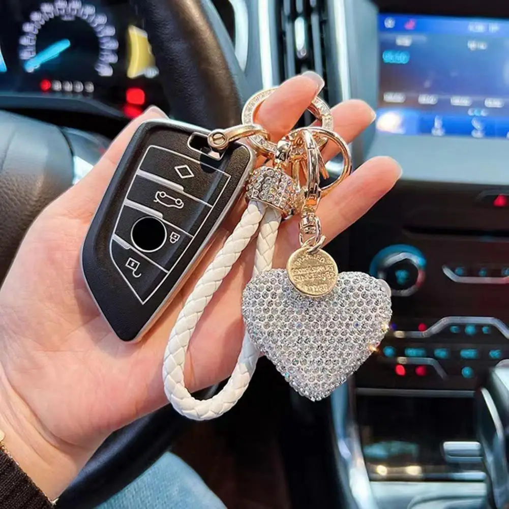 Car Keychain Sparkly Rhinestone Heart Keychain with Wrist Strap Bag Decoration Faux Pendant Key Holder for Car Stainless Steel