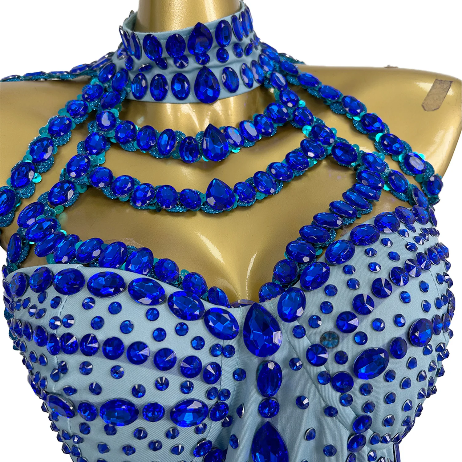 Mono Mujer Blue Rhinestone Fringes Party Jumpsuits ลากแสดง Playsuits เทศกาลเครื่องแต่งกายผู้หญิงเต้นรํา Leotard ประสิทธิภาพ Bodysuit