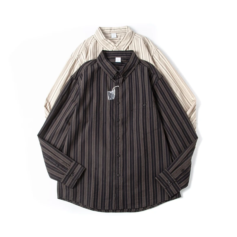 

Spring Japanese Sle Vintage Striped Workwear irt Men's Loose Korean Version Casual Trendy Long Sve Cotton irt