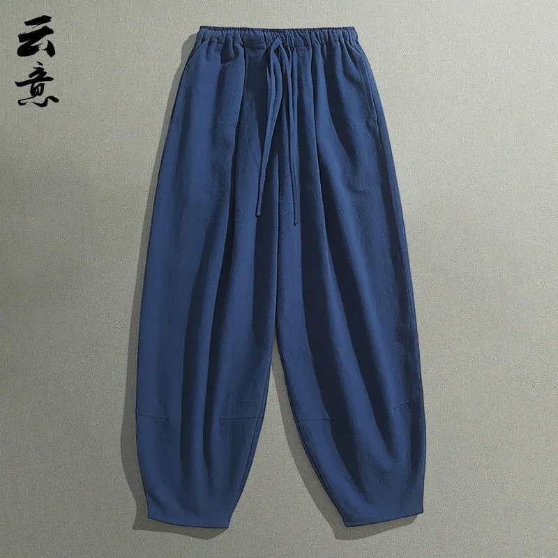 

Spring Cotton Linen Men's Loose Hanfu Pants Thin Wide Leg Lantern Sle Casual Trousers Low Waist Busin Casual Low Carb