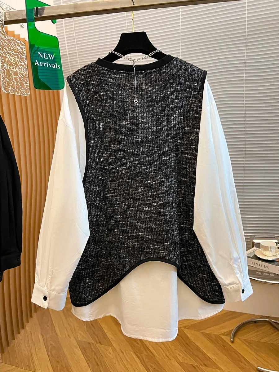 Coreano sle redondo ne moletom feminino primavera outono solto splice falso topo de duas peças confortável design de desflng de idade