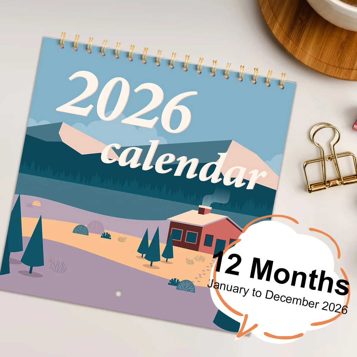 1pc Simple 2026 Desk Calendar Durable Metal Ring Binding Vertical Flip Desktop Desk Calendar 20 * 20cm