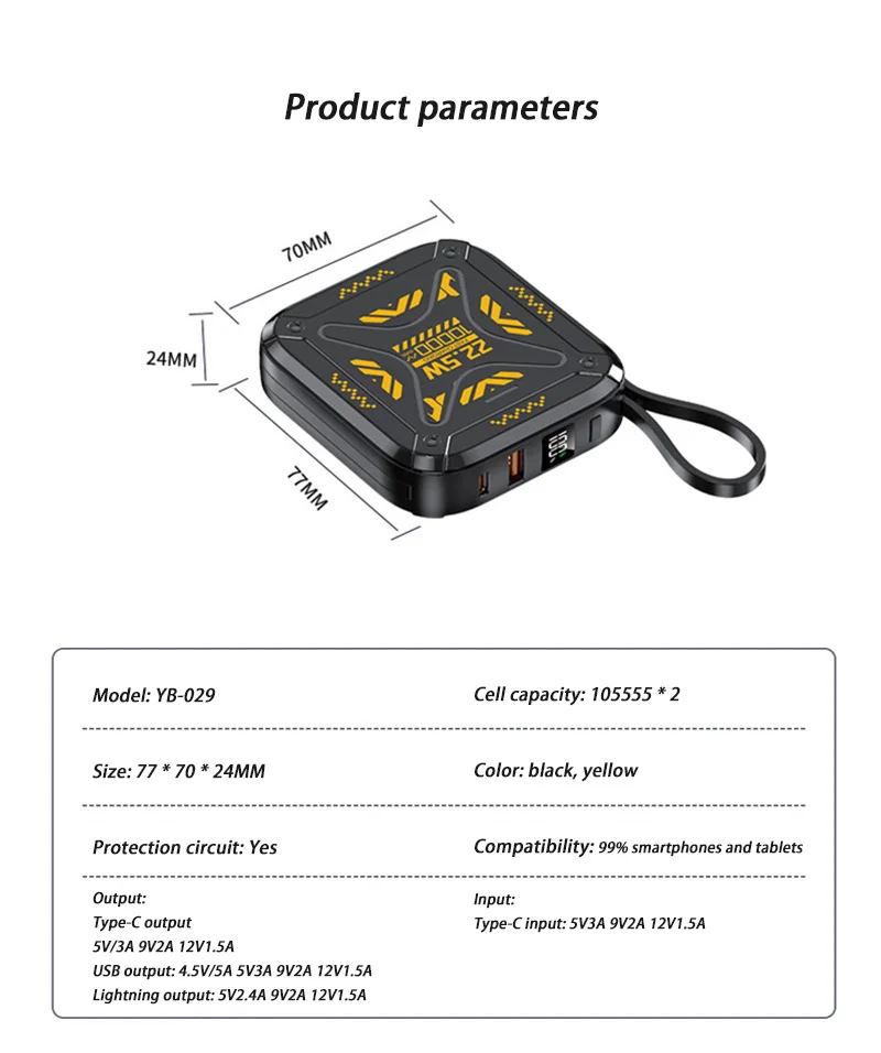 Bateria Externa Leve para Mini Telefone, Powerbank para iPhone, Tipo-C, Carregamento Rápido, Linhas Embutidas, 20000mAh, 22,5 W